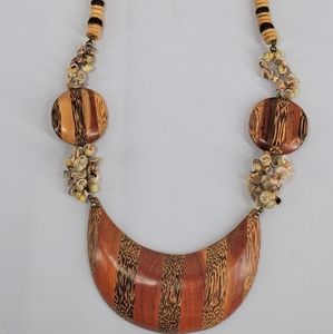 Boho Mones Look 34" Chunky Statement Necklace Long Natural Wood Bead Collar